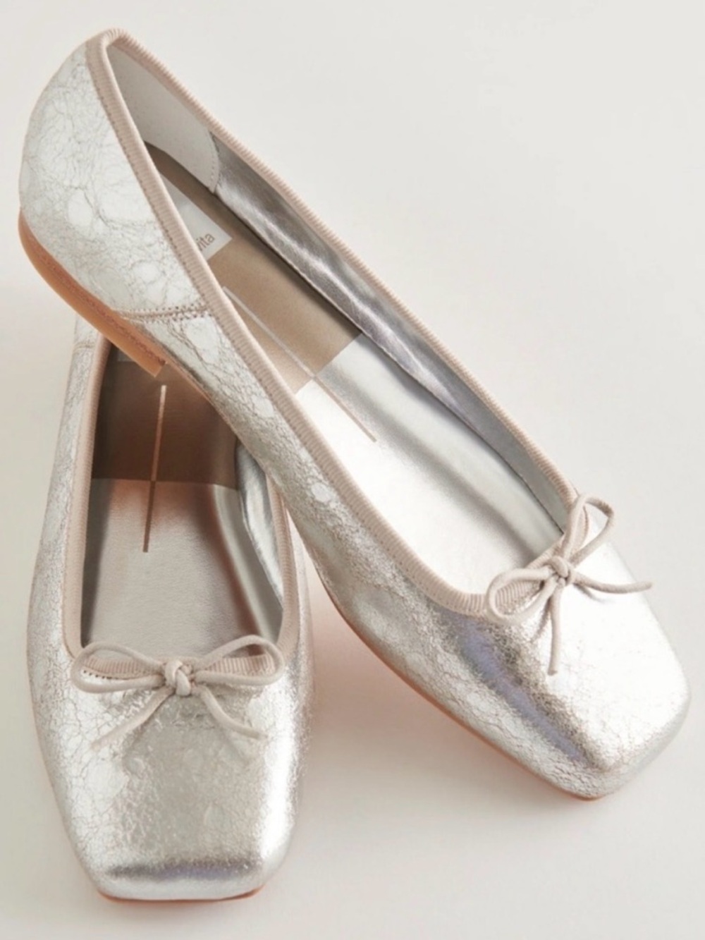Dolce Vita Silver Metallic Ballet Flats with Bow Trim